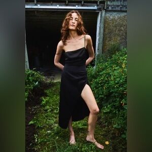 Zara Black Satin Slip Dress Ruched Side Slit Midi Blogger Favorite S